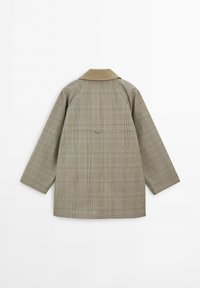 Beige and brown checked long-sleeve jacket with contrasting solid collar shown from the back on a white background.