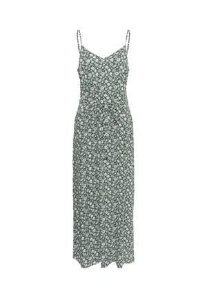 Robe midi verte sans manches avec motif floral blanc, fines bretelles, encolure en V et ceinture réglable à nouer à la taille.