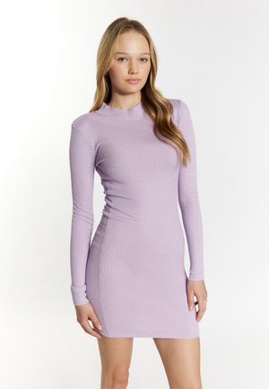 Rippstrickkleid in Helllila. Mit einem Stehkragen, langen Ärmeln und einer taillierten Silhouette, die oberhalb des Knies endet. Glatte Textur.