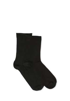 Schwarze Stricksocken mit glatter Textur, mittellange (bis zur Wade) Sockenlänge und verstärkten Zehen- und Fersenbereichen. Einfaches Design, keine sichtbaren Muster oder Akzente.