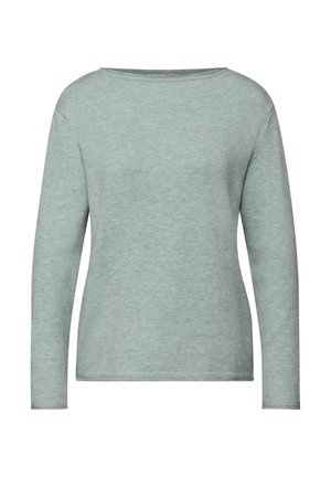 Suéter de manga larga color verde claro con cuello redondo y textura suave. Presenta un diseño ajustado y costuras mínimas.