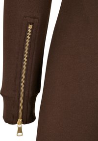 Tissu marron à manches longues avec un détail de fermeture éclair dorée s'étendant du poignet jusqu'au milieu de l'avant-bras sur une manche.