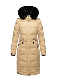 Beige puffer coat with a removable black faux fur hood, zippered front, two front pockets, and horizontal stitching throughout.