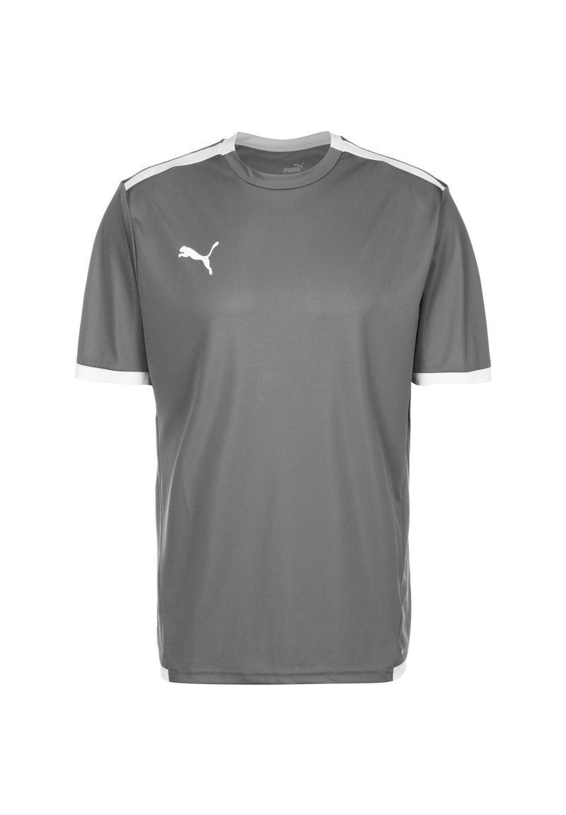 T-shirt atlético cinza feito de tecido leve, com gola redonda, mangas curtas, apresentando realces brancos e um pequeno logotipo branco no peito.