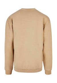 Sudadera beige con cuello redondo y puños acanalados. Textura suave, mangas largas y un ajuste ligeramente relajado. Sin patrones visibles ni elementos metálicos.