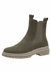 Botín Chelsea verde de ante con paneles laterales elásticos y tira de agarre, que presenta una suela texturizada beige y un diseño de punta redonda.