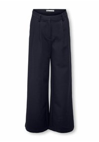 Pantalons larges bleu marine en tissu doux, dotés d'un devant plat, de passants de ceinture et de plis pour un ajustement structuré.