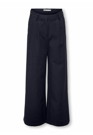 Navy wide-leg trousers made from soft fabric, featuring a flat front, belt loops, and pleats for a structured fit.