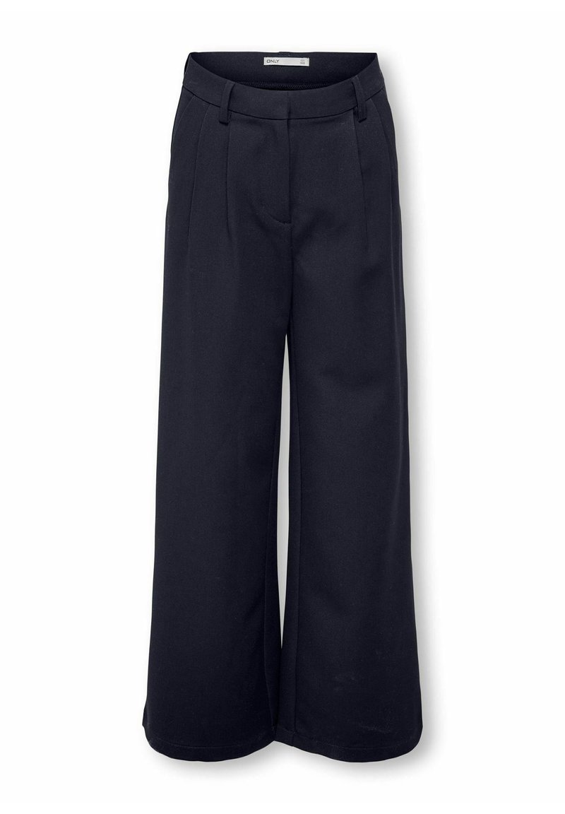 Pantalons larges bleu marine en tissu doux, dotés d'un devant plat, de passants de ceinture et de plis pour un ajustement structuré.