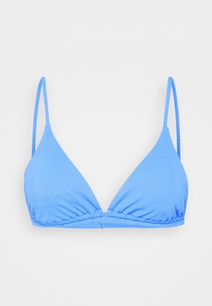 Mėlyna raibuota trikampė bikini viršutinė dalis su siaurais reguliuojamais dirželiais ir surinkta centrinė siūlė. Glotni medžiagos tekstūra su minimaliu aparatūros kiekiu.