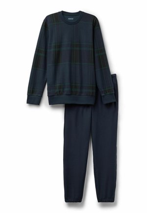 Námořnická kockovaná mikina s dlouhými rukávy a ribbed manžetami, v kombinaci s odpovídajícími námořnickými tepláky s elastickými manžetami u kotníků.