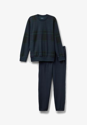 Námořnická kockovaná mikina s dlouhými rukávy a ribbed manžetami, v kombinaci s odpovídajícími námořnickými tepláky s elastickými manžetami u kotníků.