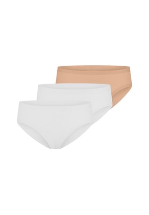 Drei nahtlose Damen-Slips in Beige und Weiß, diagonal gestapelt vor weißem Hintergrund.