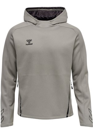 Grijze hoodie met een gladde textuur, voorzien van een logo op de borst, zijzakken met rits en zwarte accenten op de mouwen.