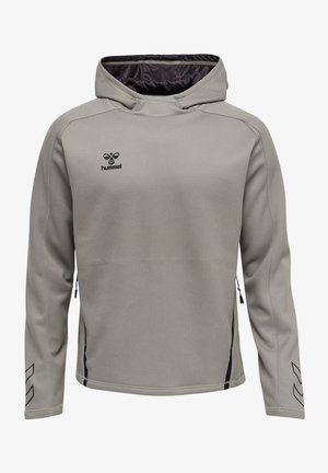 Grijze hoodie met een gladde textuur, voorzien van een logo op de borst, zijzakken met rits en zwarte accenten op de mouwen.