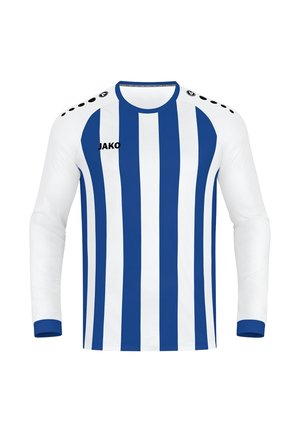 Maillot à manches longues blanc avec des rayures verticales bleues. Présente un logo noir "JAKO" sur la poitrine et des accents noirs sur les épaules.
