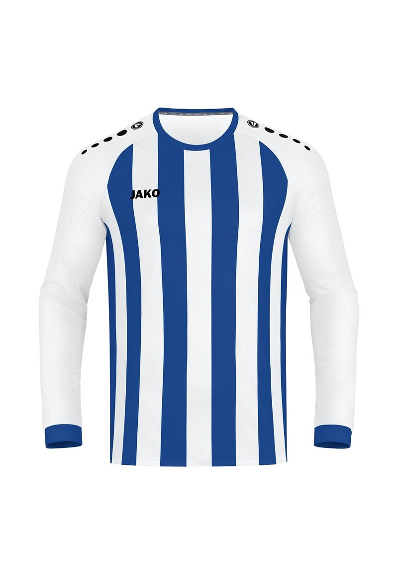 Langarmjersey in het wit met blauwe verticale strepen. Bevat een zwart logo "JAKO" op de borst en zwarte accenten op de schouders.