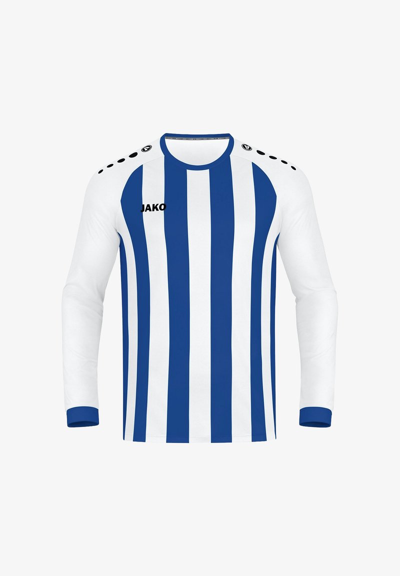Langarmjersey in het wit met blauwe verticale strepen. Bevat een zwart logo "JAKO" op de borst en zwarte accenten op de schouders.