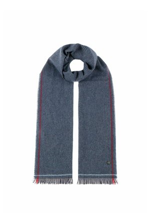 Blue and gray houndstooth scarf with red and white stripes along edges, finished with short fringe at both ends.
