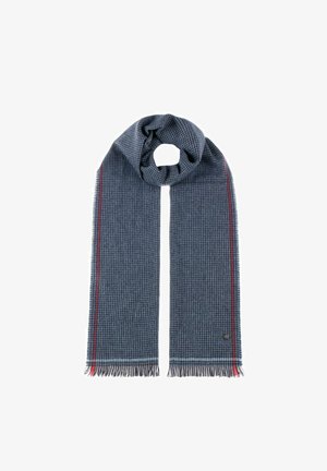 Blue and gray houndstooth scarf with red and white stripes along edges, finished with short fringe at both ends.