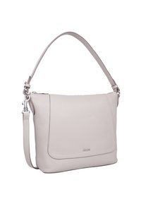 Hellgraue Leder-Schultertasche mit glatter Textur, geschwungenem oberen Rand, verstellbarem Trageriemen und einer Fronttasche. Mit metallischen Beschlägen.