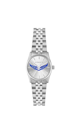 Montre-bracelet en métal argenté avec bracelet à maillons, cadran rond, marqueurs d'heure minimalistes et un motif d'aile bleue au centre.