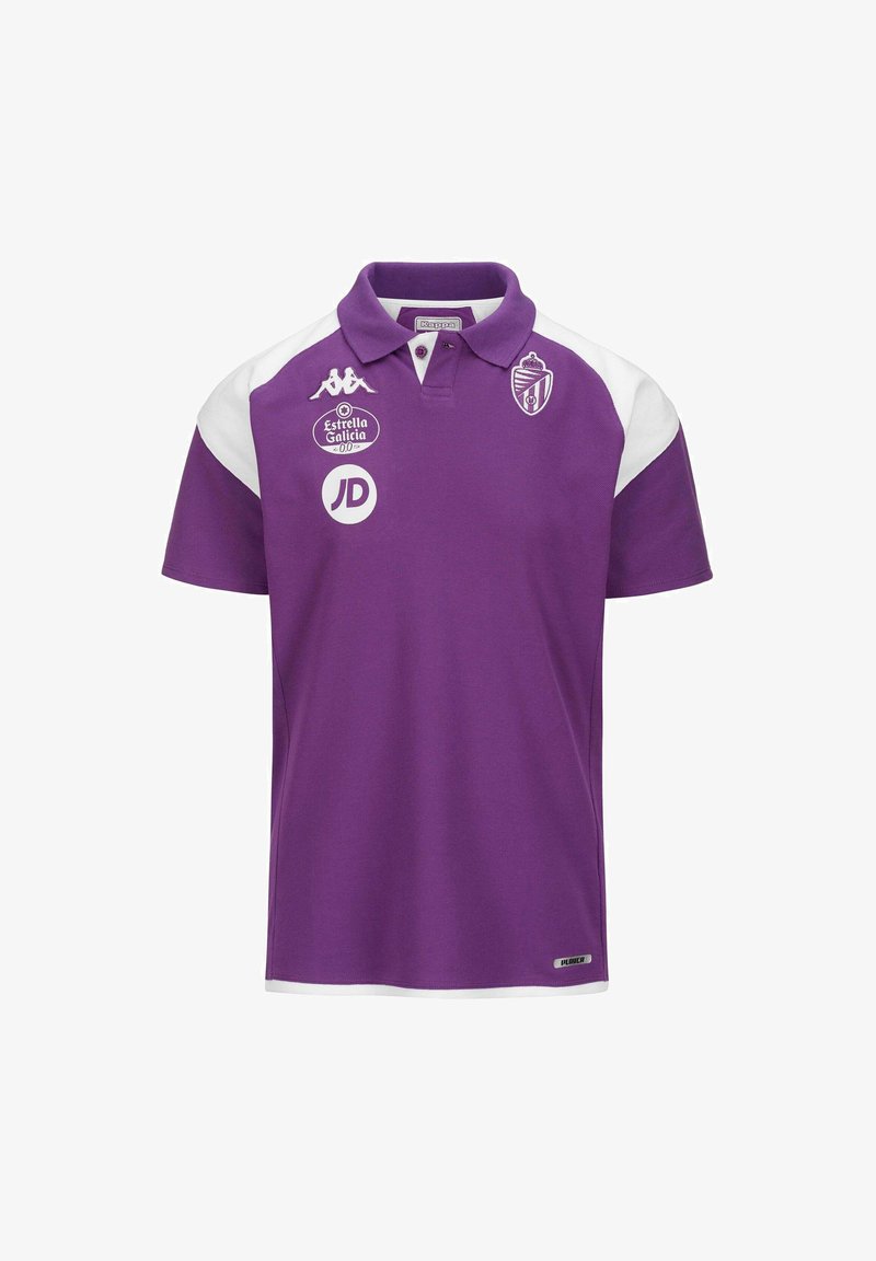 Polo shirt violet avec des accents blancs, col à deux boutons, logo brodé et motifs imprimés. Tissu lisse avec une coupe classique.