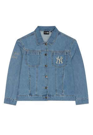 Veste en denim bleu clair avec fermeture à boutons, deux poches avant et logo brodé des New York Yankees sur la poitrine gauche et la manche.