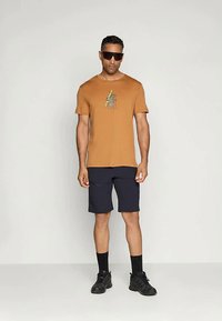 Pruun puuvillane T-särk graafilise kujundusega, millele on sobitatud tume laevanavi lühikesed püksid. Mudel kannab musti päikeseprille ning jalas on mustad tennisetossud ja sokid.