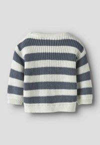 Maglione a righe nei colori blu navy e bianco, texture lavorata a maglia e vestibilità ampia con polsini e orlo ribattuti. Mostrata la vista posteriore.