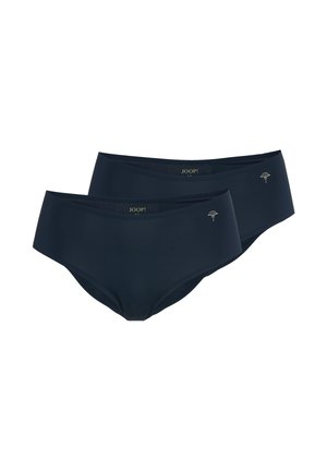 Zwei marineblaue Damen-Hipster-Slips mit einem kleinen silbernen Logo auf der linken Seite und dem Markennamen, der innen im Bund aufgedruckt ist.
