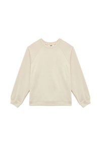 Sudadera beige clara hecha de tejido suave, con un cuello redondo, mangas largas tipo raglán y un dobladillo acanalado.