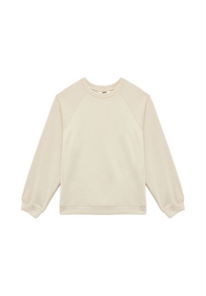 Sudadera beige clara hecha de tejido suave, con un cuello redondo, mangas largas tipo raglán y un dobladillo acanalado.