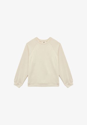 Lys beige sweatshirt lavet af blødt stof, med rund halsudskæring, lange raglanærmer og ribbet kant.
