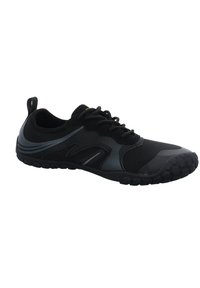 Black athletic shoe with a textured upper, mesh accents, and a flexible rubber sole featuring a gripping pattern. Lace-up design with rear pull tab.