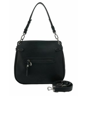 Sac à main en cuir noir avec une forme structurée, une poche zippée à l'avant et une bandoulière amovible. Comprend des accessoires en métal argenté et des poignées réglables.