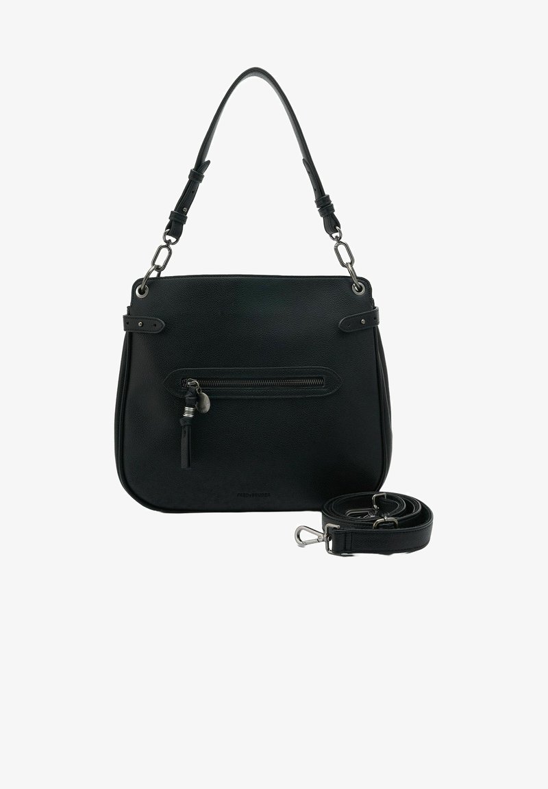 Sac à main en cuir noir avec une forme structurée, une poche zippée à l'avant et une bandoulière amovible. Comprend des accessoires en métal argenté et des poignées réglables.