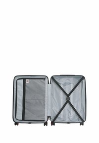 Hardshell suitcase with a black exterior, two compartments including a mesh zip pocket, and cross straps for securing contents. Interior is grey.