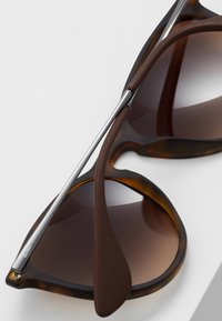 Brown sunglasses with large, rounded lenses, a matte brown frame, and metallic silver accents on the temples. Textured detail on temples.
