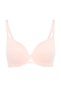 Soutien-gorge rose clair avec bonnets moulés lisses, bordure en dentelle au bas, et bretelles réglables avec un motif texturé.
