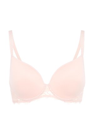 Jasnoróżowy biustonosz z gładkimi formowanymi miseczkami, koronkową lamówką u dołu oraz regulowanymi ramiączkami z fakturą.