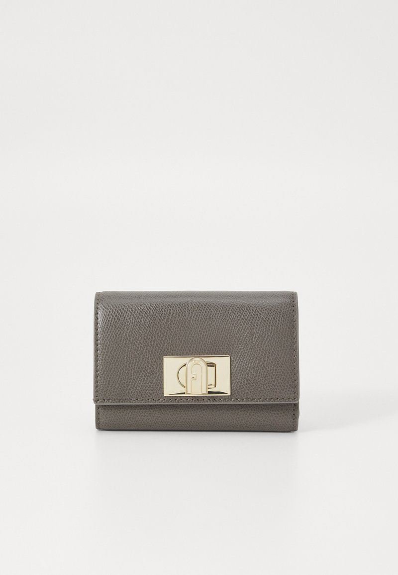 Gray leather wallet with a textured finish. Features a gold-tone metal clasp and a rectangular flap design. Compact and structured shape.