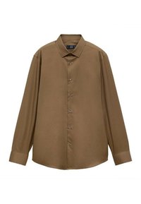 Camicia marrone a maniche lunghe realizzata in tessuto liscio; presenta un colletto classico, chiusura con bottoni e un orlo curvo.