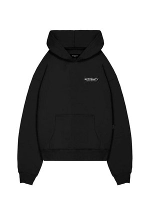Zwarte hoodie met een voorzak, ribbelboorden en tailleband. Bevat witte tekst "RETERNITY CREATIVE DEPARTMENT" op de borst.