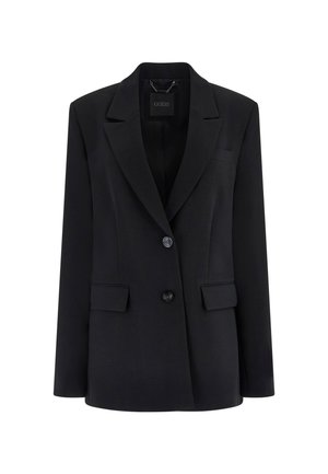Black blazer with a notch lapel, single-button closure, three pockets, and structured fit. Made from a smooth, lightweight fabric.