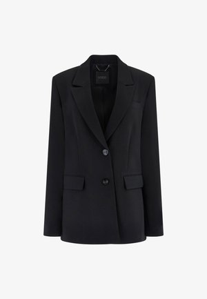 Black blazer with a notch lapel, single-button closure, three pockets, and structured fit. Made from a smooth, lightweight fabric.
