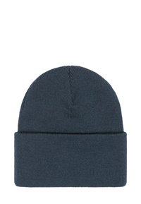 Gebreide beanie muts in een donkerblauwe kleur, met een omgeslagen rand en een zachte textuur met subtiele naaddetails aan de bovenkant.