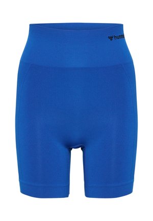Blauwe, hooggetailleerde, nauwsluitende sportshorts met een naadloos ontwerp en klein zwart hummel-logo aan de rechterkant van de tailleband.
