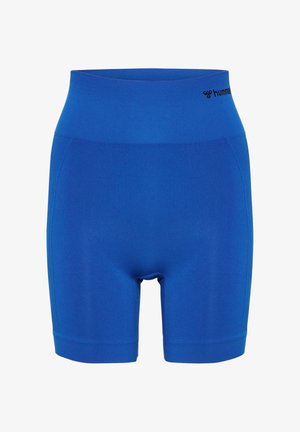 Blauwe, hooggetailleerde, nauwsluitende sportshorts met een naadloos ontwerp en klein zwart hummel-logo aan de rechterkant van de tailleband.