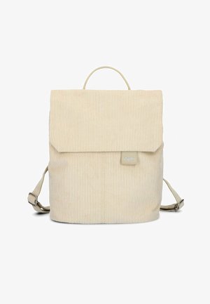 Beige corduroy backpack with flap closure, adjustable straps, top handle, and small brand tag on front center.